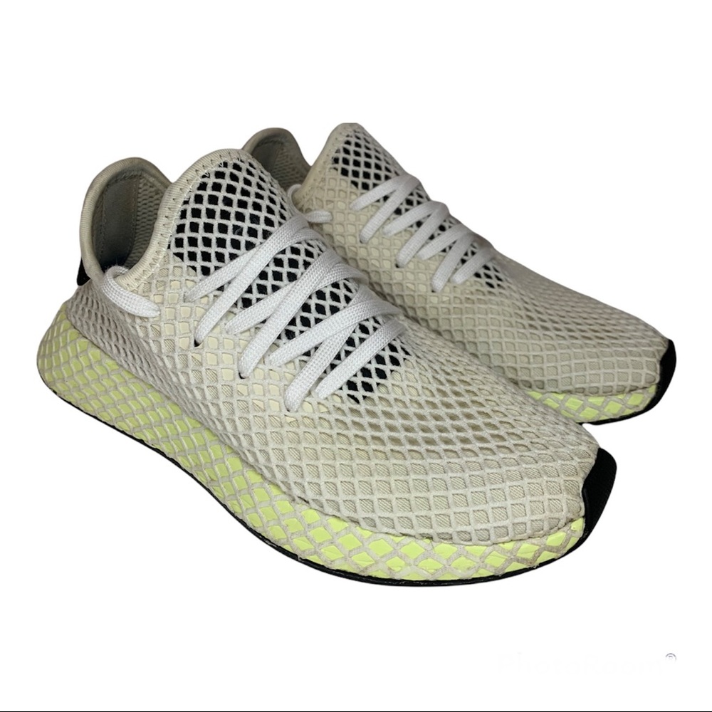 adidas Men’s White Mesh Sneakers with Neon Yellow Accent